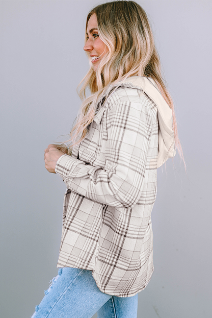 Khaki Printed Plus Size Plaid Print Contrast Hooded Shacket