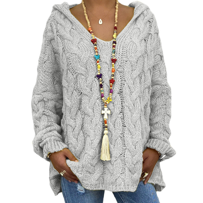 Solid Color Twist Knitted Hoodie Sweater For Women