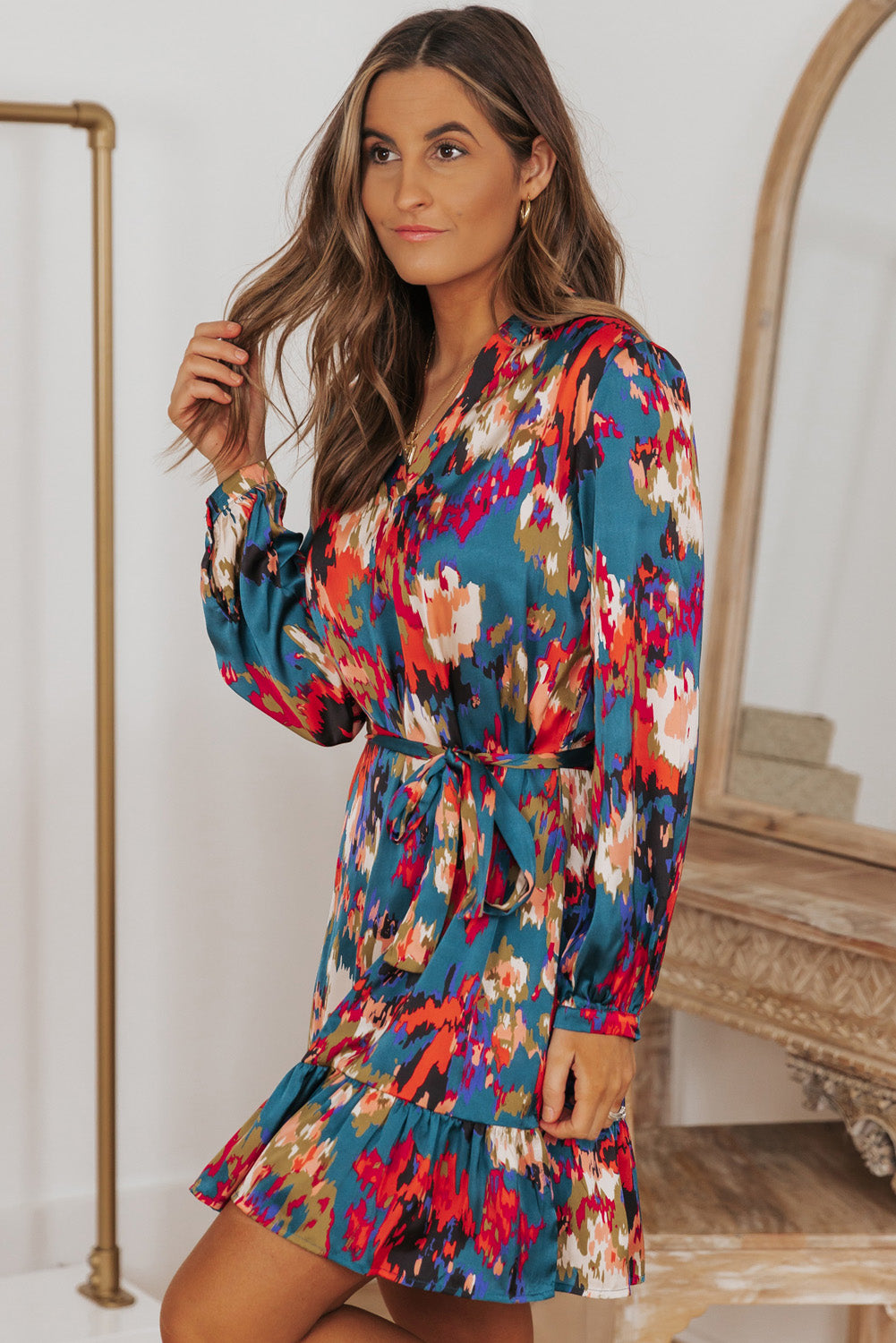 Black Abstract Print Ruffled Drawstring High Waist Mini Dress