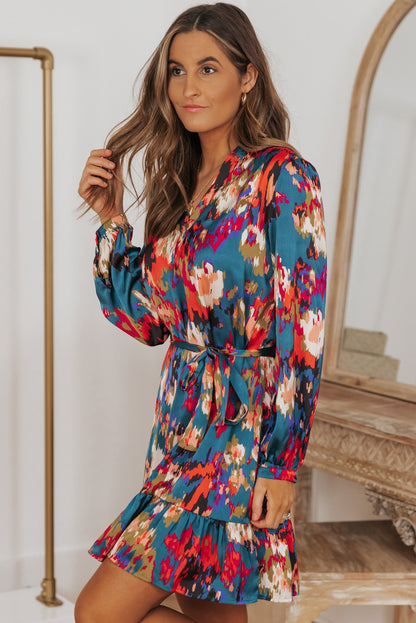 Black Abstract Print Ruffled Drawstring High Waist Mini Dress