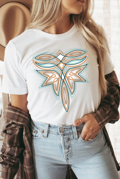 White Western Stitch Pattern Printed Cotton Blend Tee