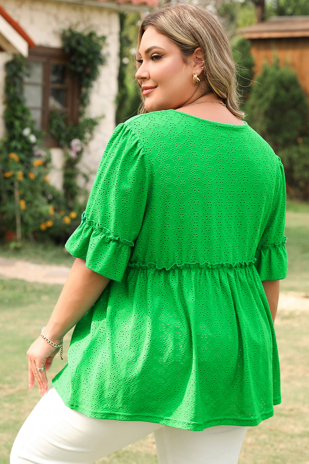 Green Textured Frilled Short Sleeve Plus Size Babydoll Blouse