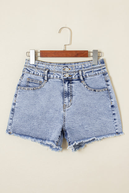 Beau Blue Rhinestone Light Wash Raw Hem High Waist Denim Shorts