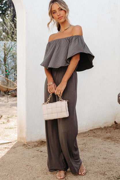 Gray Solid Color Off Shoulder Wide Leg Jumpsuit