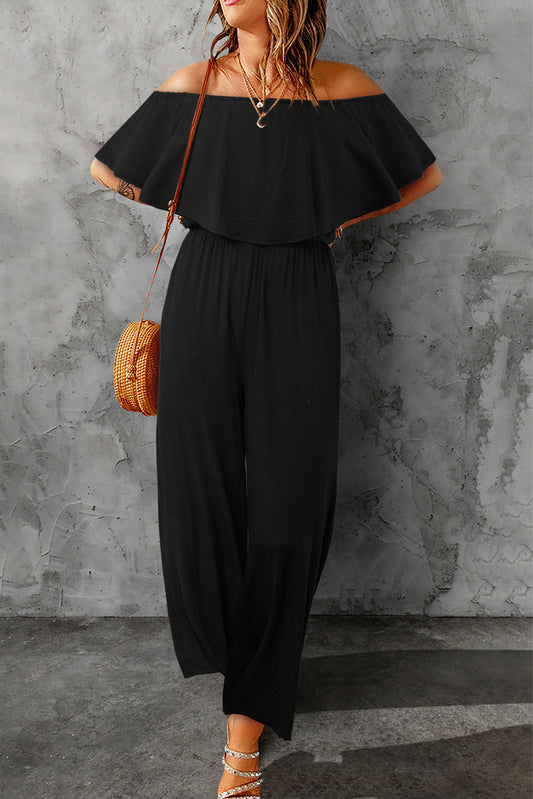 Black Solid Color Off Shoulder Wide Leg Jumpsuit