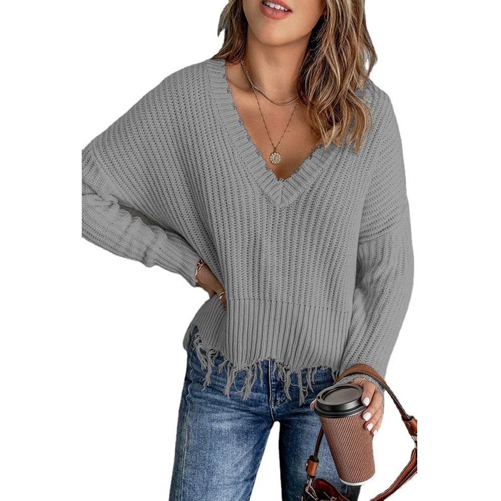Autumn And Winter Fashion Women's Tassel Ripped Sweater Knitted