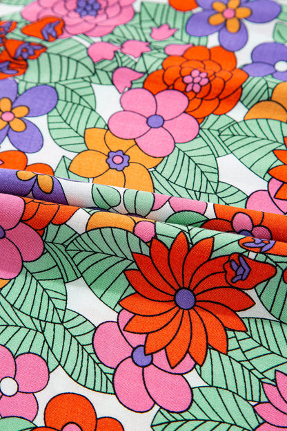 Red Floral Tie Split Neck Ruffle Puff Sleeve Blouse