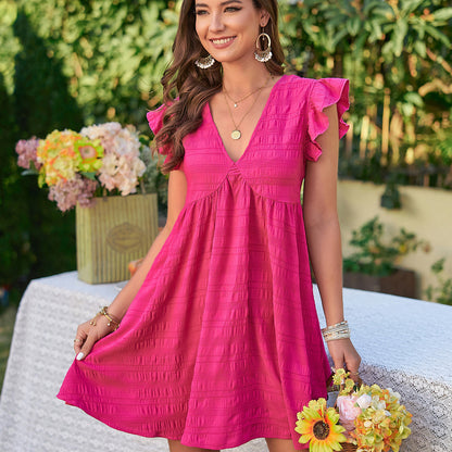 Women's Clothing V-neck Ruffle Short Skirt Solid Color Elegant Dress