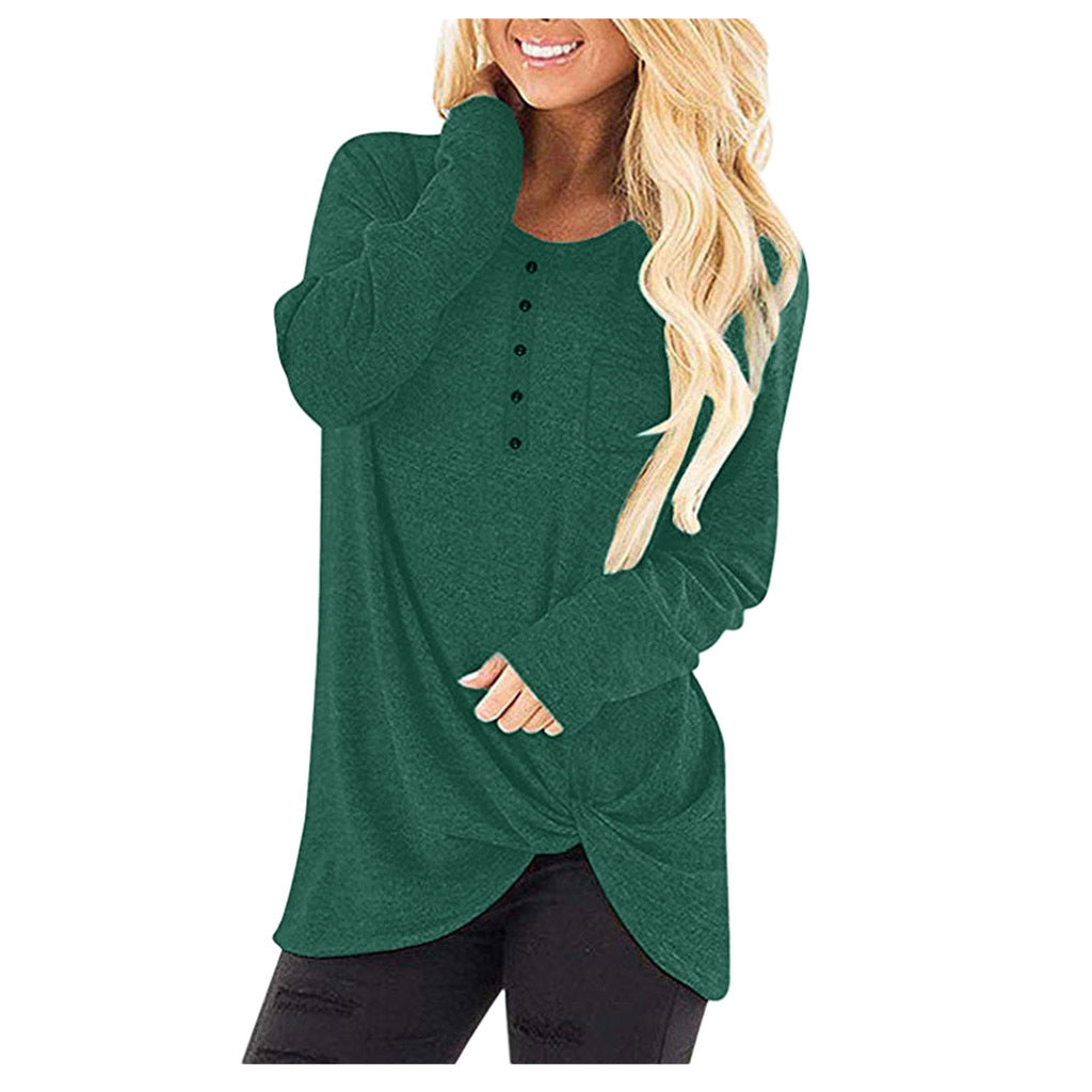 Solid Color Pullover Ladies Round Neck Pocket Long Sleeve Twisted Top