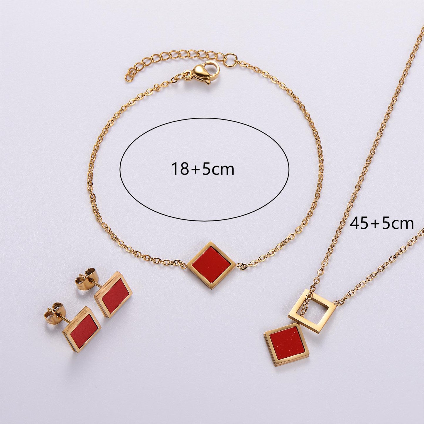 Stainless Steel Niche Temperament Lucky 18K Square Ear Studs Bracelet Necklace