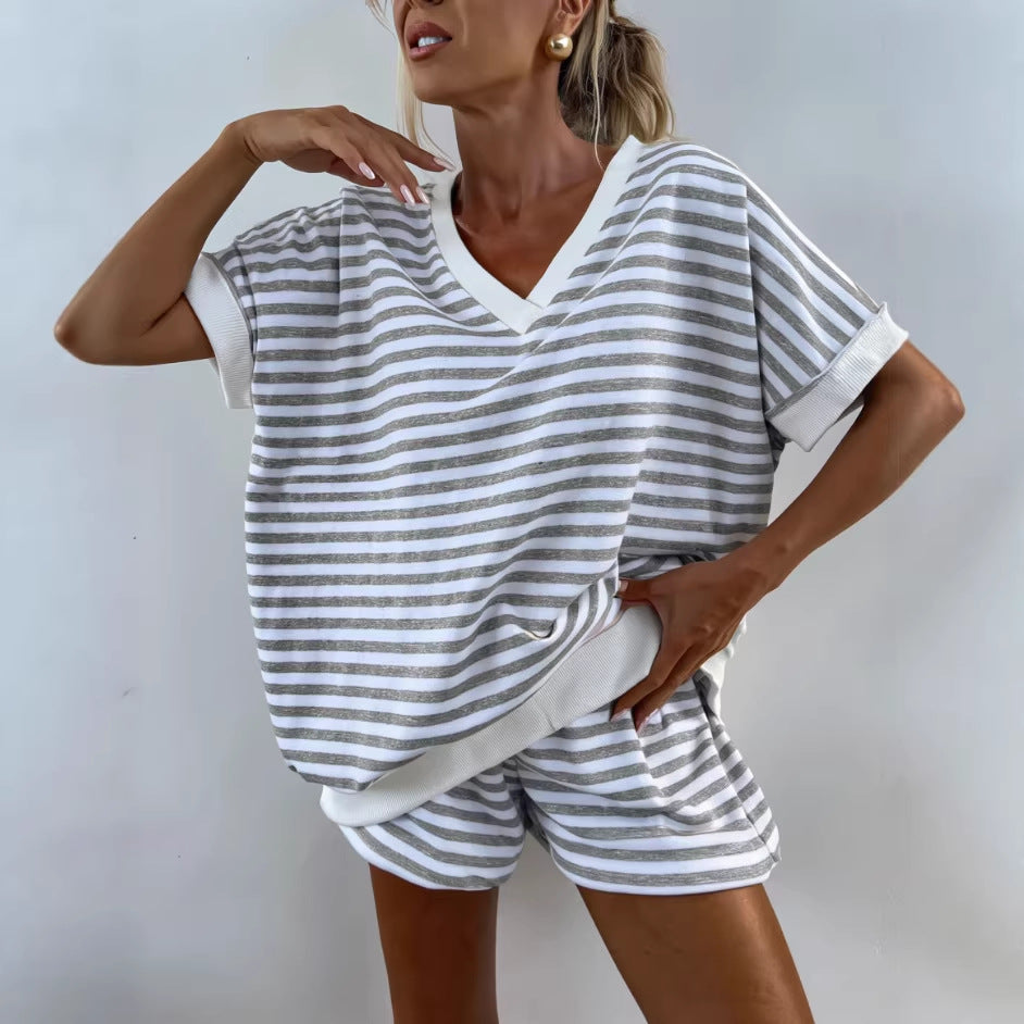 Womens 2-piece Knitted Striped Loose Sweatshirt And High-waisted Shorts Casual Set