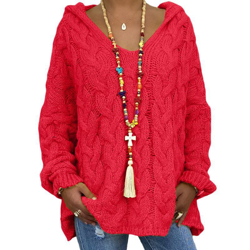 Solid Color Twist Knitted Hoodie Sweater For Women