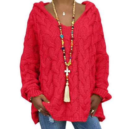Solid Color Twist Knitted Hoodie Sweater For Women