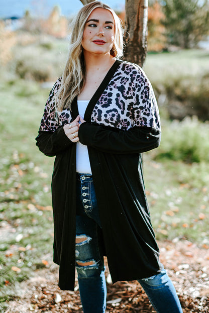 Green Printed Leopard Detail Plus Size Cardigan