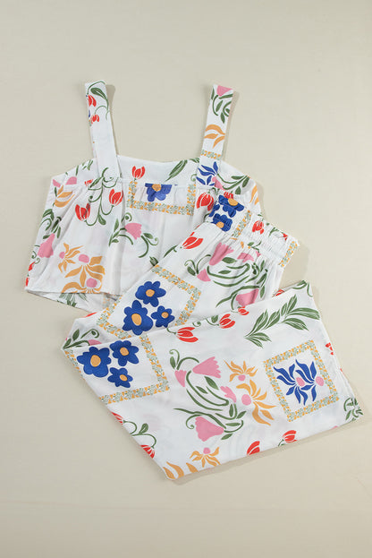 White Square Neck Tank and Wide Leg Pants Floral Set