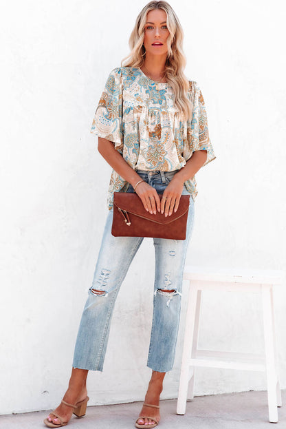 Sky Blue Paisley Pattern Print Drawstring V Neck Blouse