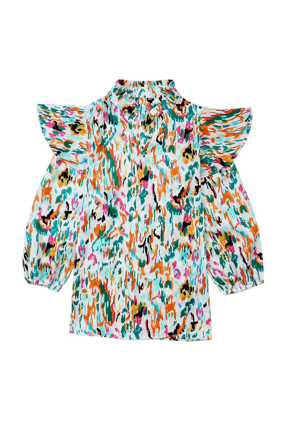 Multicolor Abstract Print Ruffled V Neck Plus Size Blouse