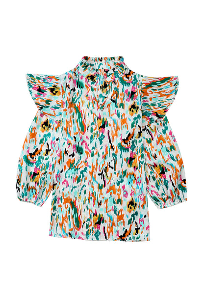 Multicolor Abstract Print Ruffled V Neck Plus Size Blouse