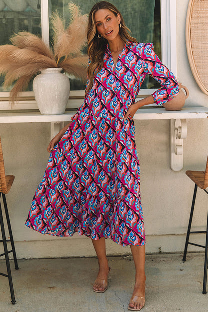 Multicolor Abstract Geometric Print Long Sleeve High Waist Dress