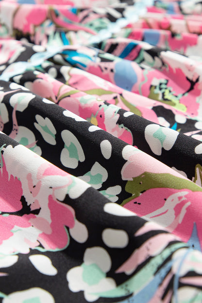 Pink Leopard Floral Print Wavy Embellished Mini Dress