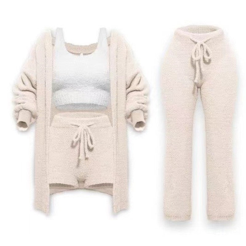 Autumn And Winter New Knitted Plush Long Sleeve Coat Vest Shorts Four-piece Set