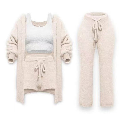 Autumn And Winter New Knitted Plush Long Sleeve Coat Vest Shorts Four-piece Set