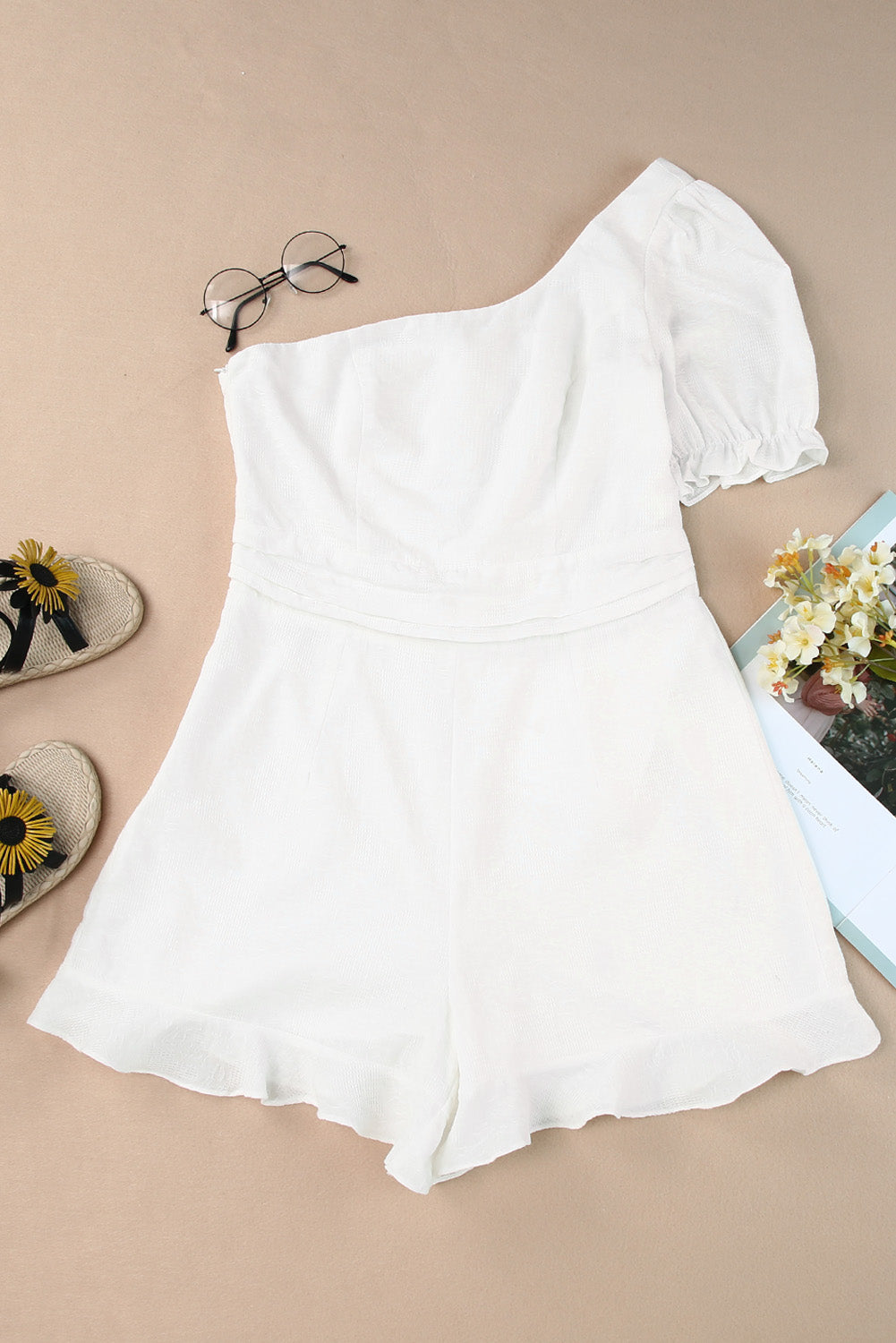 White One-shoulder Puff Sleeves Romper with Ruffle Trim