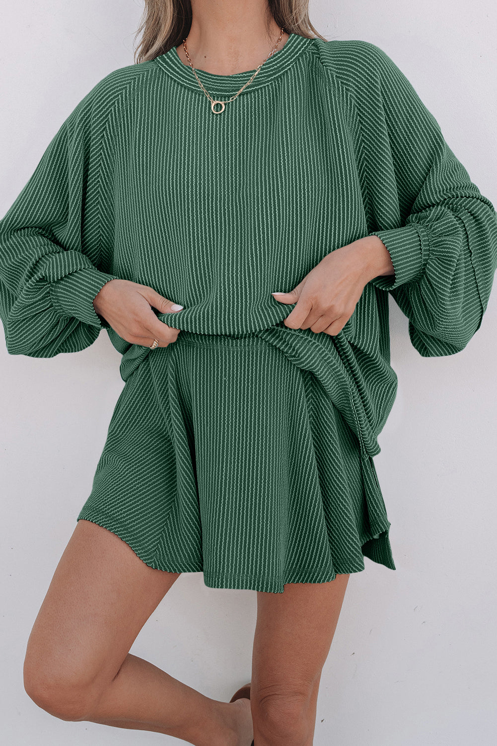 Mist Green Corded Lantern Sleeve Top High Waist Ruffled Mini Skirt Set