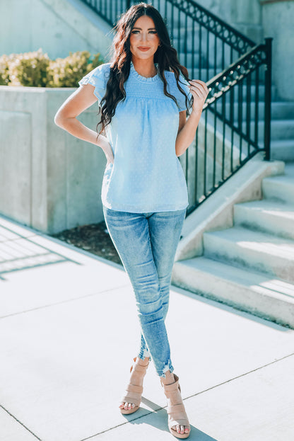 Green Tiered Sleeve Frilled Neck Dotted Top