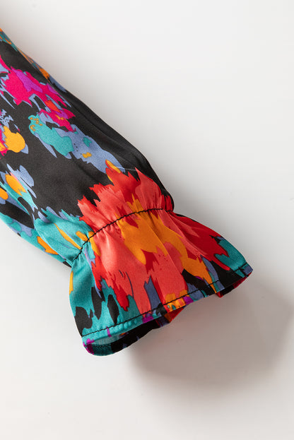 Black Abstract Print Pleated High Waist Maxi Dress