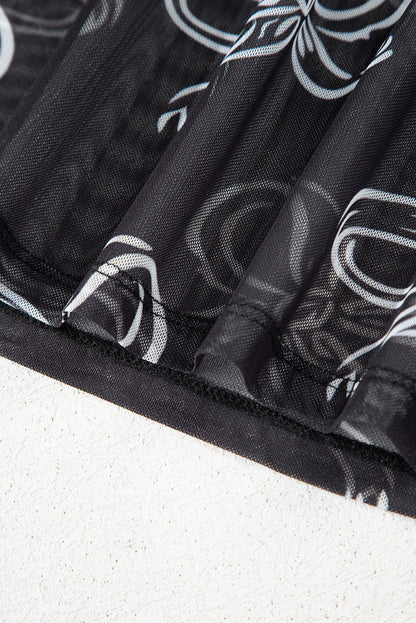 Black Round Neck Bow Print Long Sleeve Mesh Top