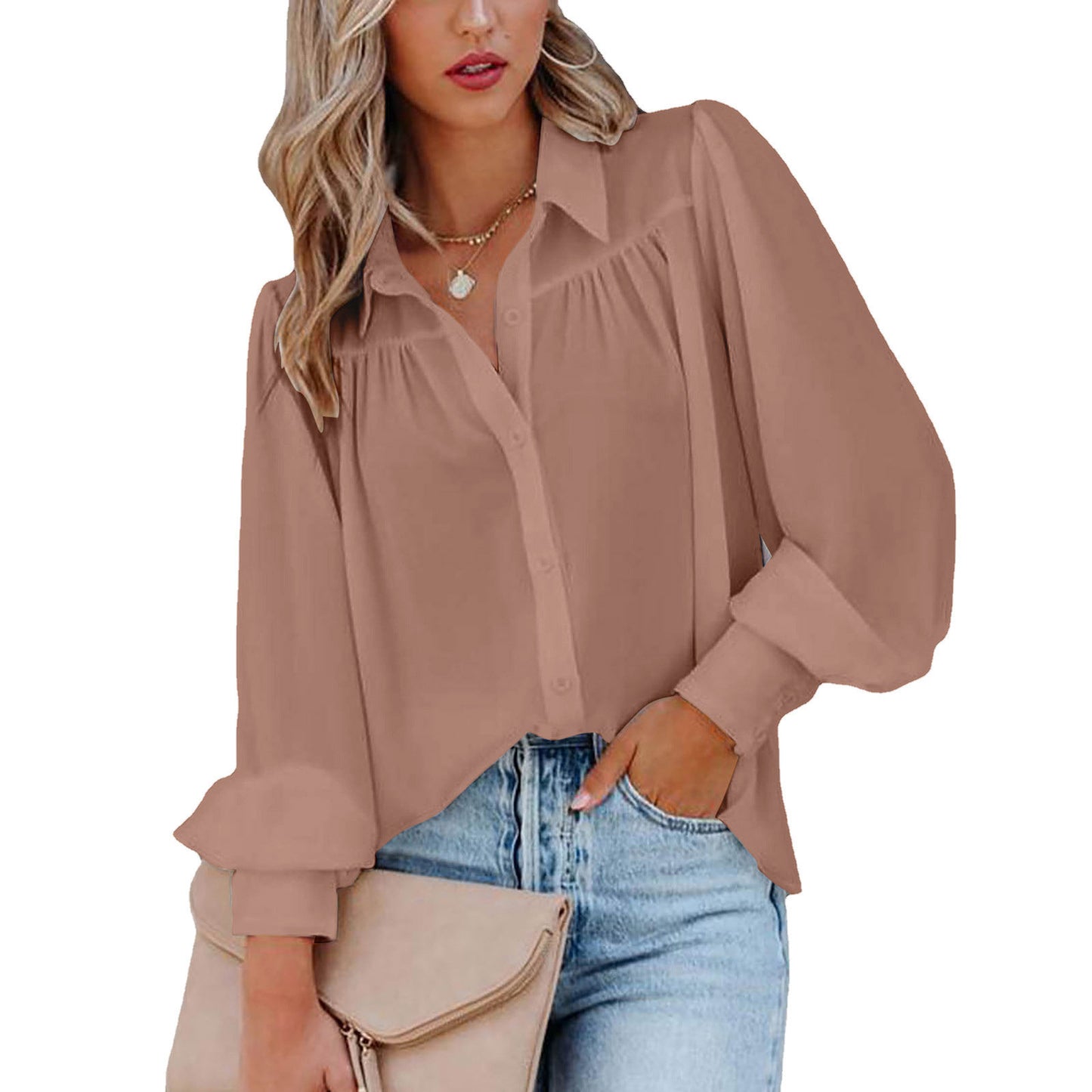 Lantern Sleeve Pleated Solid Color Loose Shirt Long Sleeve Women's Clothing