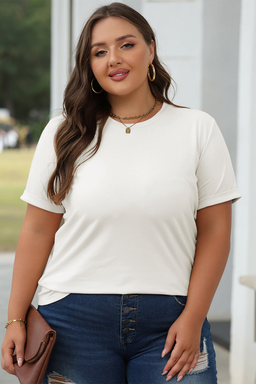 White Casual Plain Crew Neck Tee
