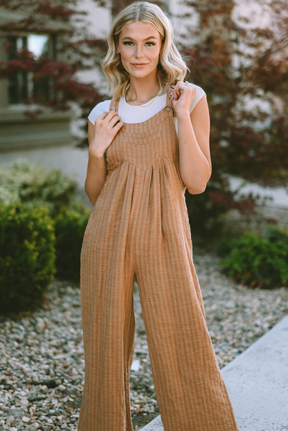 Chicory Coffee Striped Pleated Wide Leg Pocketed Jumpsuit