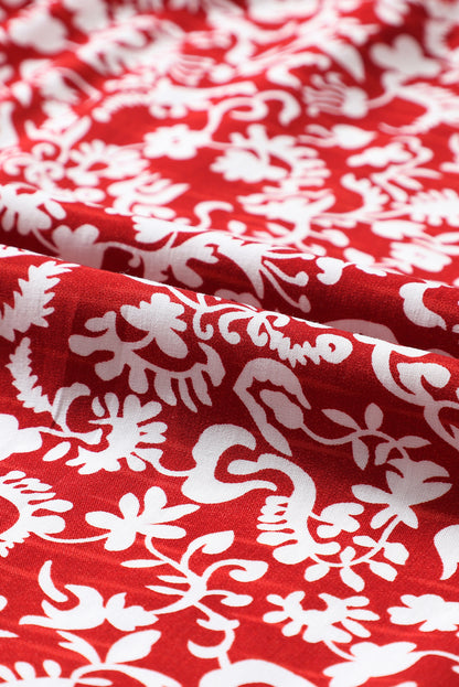 Russet Orange Floral Print Smocked Tie Neck Blouse