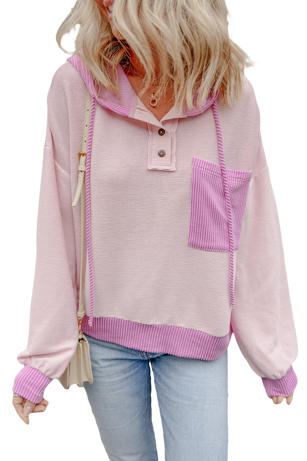 Light Pink Corded Colorblock Patch Pocket Drawstring Hooded Top