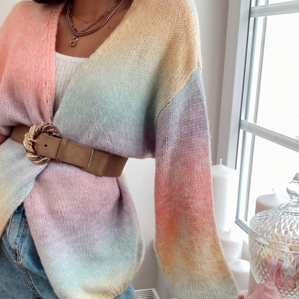 Autumn And Winter Rainbow Tie-dye Knitted Top Mid-length Cardigan Sweater