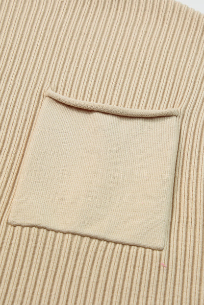 Blackish Green Patch Pocket Ribbed Knit Short Sleeve Sweater