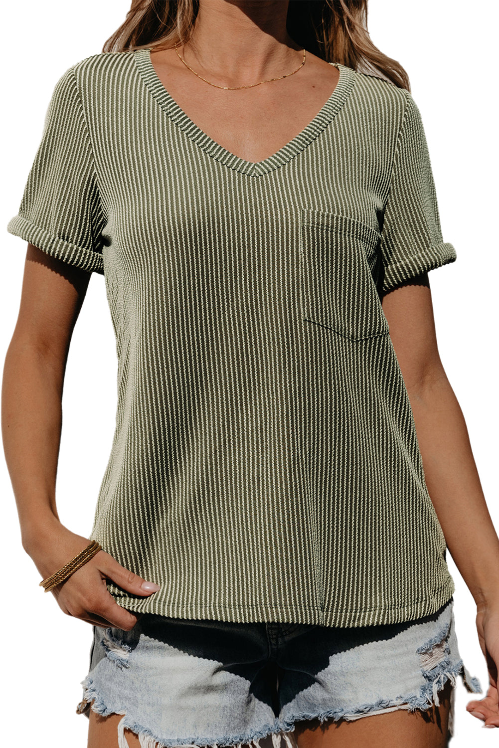 Carbon Grey Twist Short Sleeve Corded V Neck Top