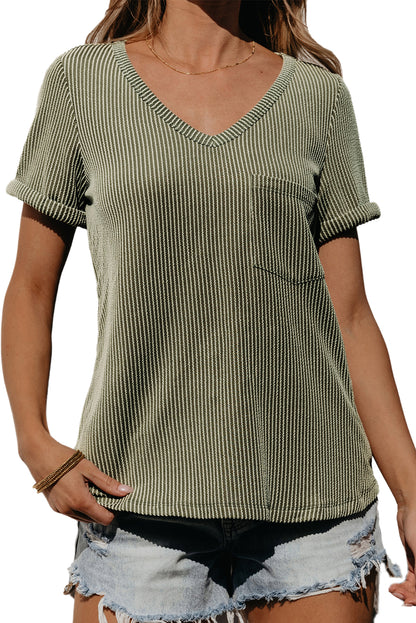 Carbon Grey Twist Short Sleeve Corded V Neck Top