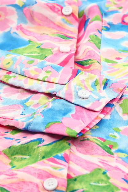 Pink Floral Print Buttoned V Neck Shirt