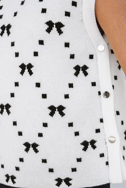 White Bow Pattern Buttoned Side Cropped Sweater Vest