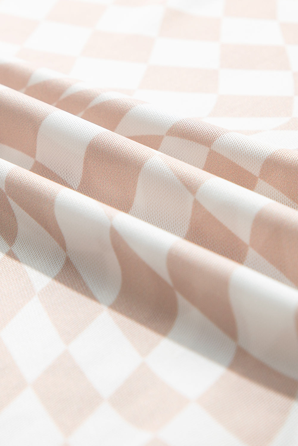 Khaki Checkered Pattern Mesh Mock Neck Long Sleeve Top