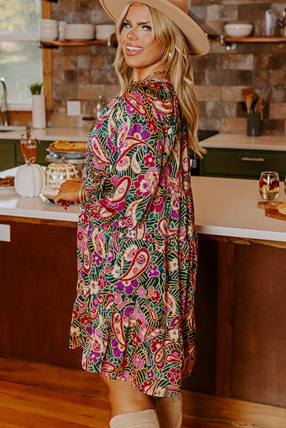 Green Paisley Floral Print Ruffled Hem Plus Size Dress
