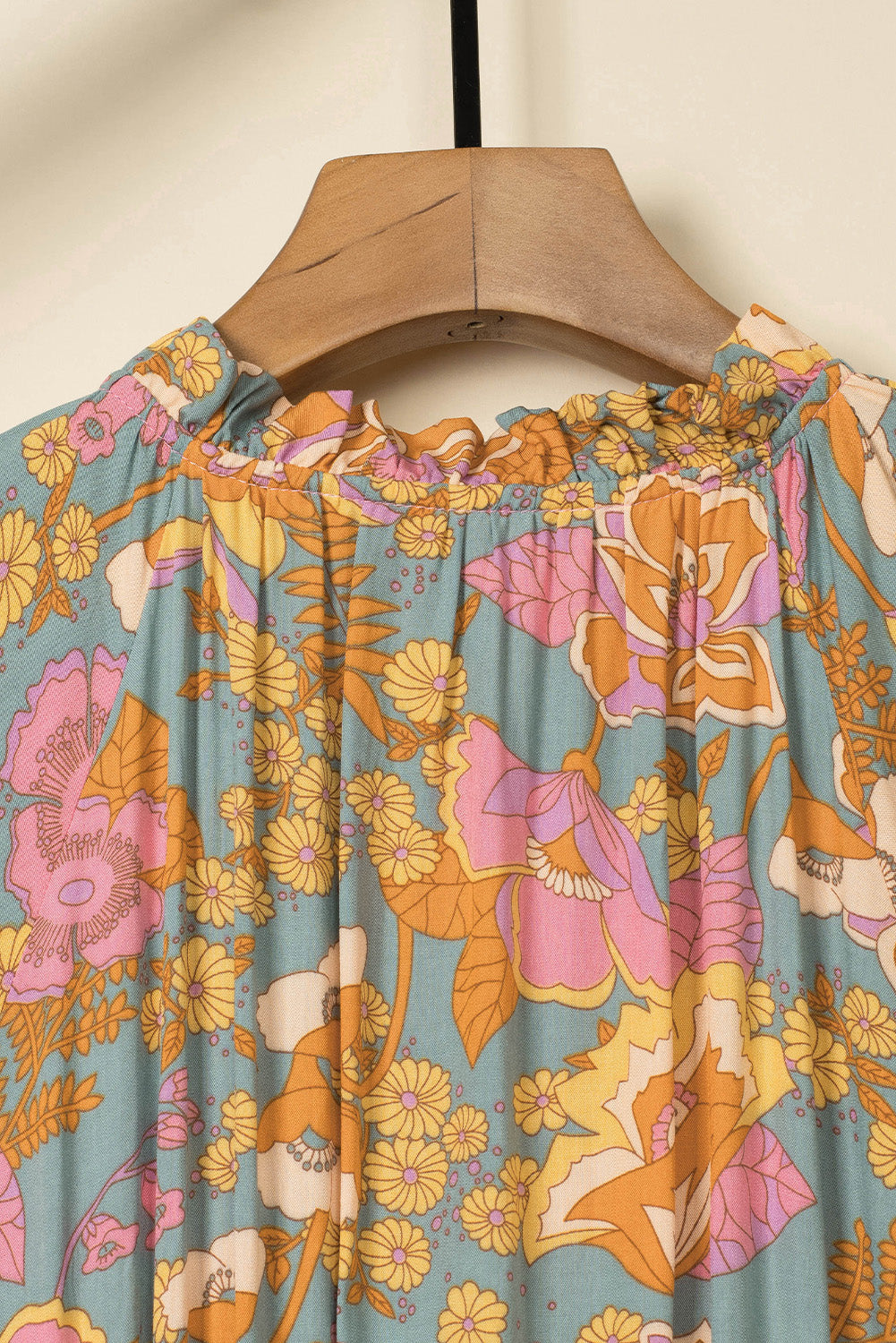 Brown Vintage Floral Smocked Bodice Flare Sleeve Tiered Long Dress