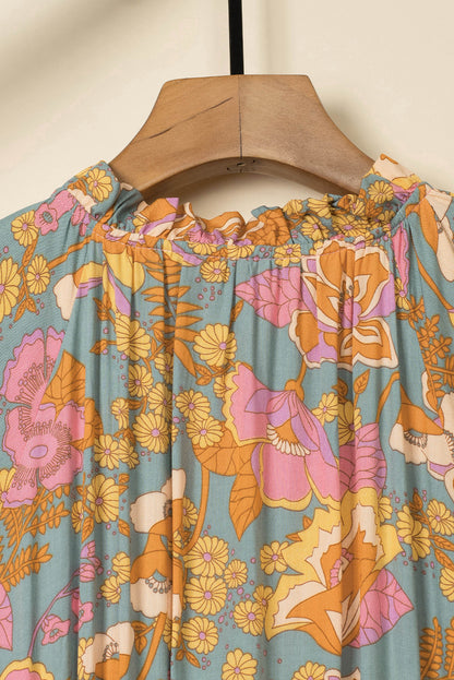 Brown Vintage Floral Smocked Bodice Flare Sleeve Tiered Long Dress