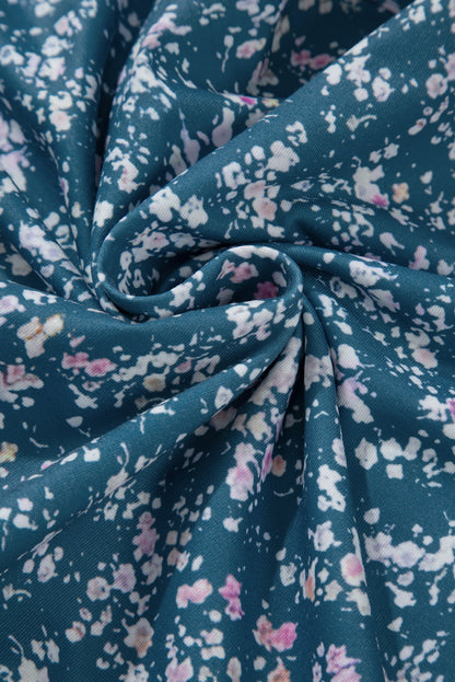 Orange Floral Color Block Patchwork Ruffled Hem Round Neck Blouse