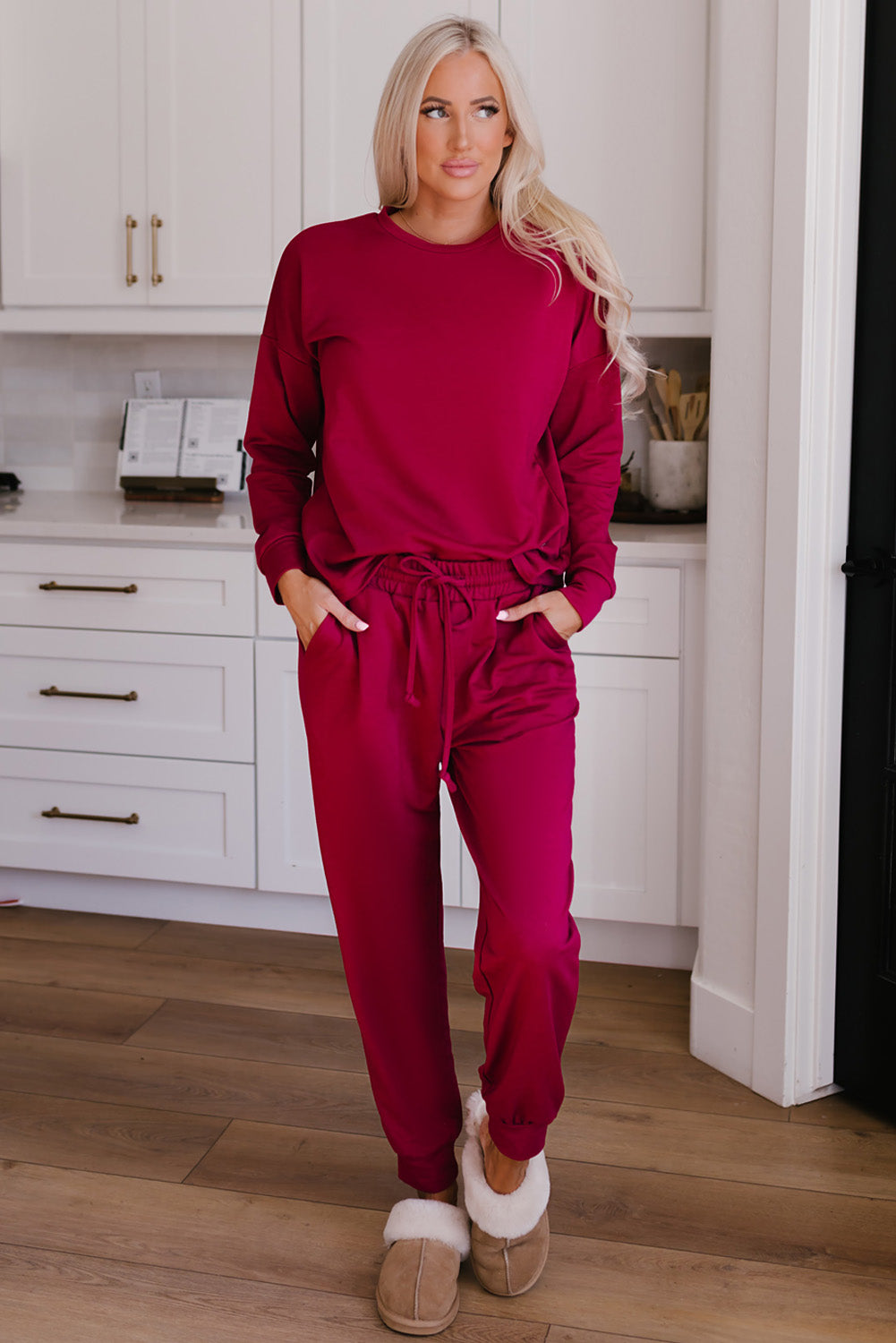 Spinach Green Long Sleeve Pullover and Jogger Pants Lounge Set