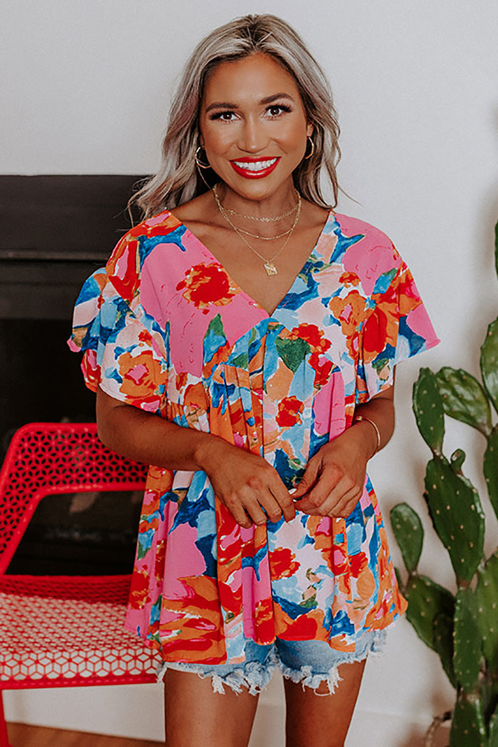 Red Abstract Floral Print V Neck Plus Blouse