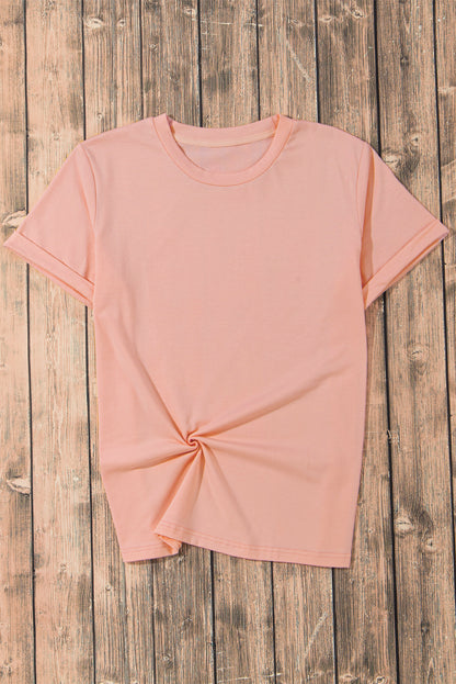 Pink Casual Plain Crew Neck Tee